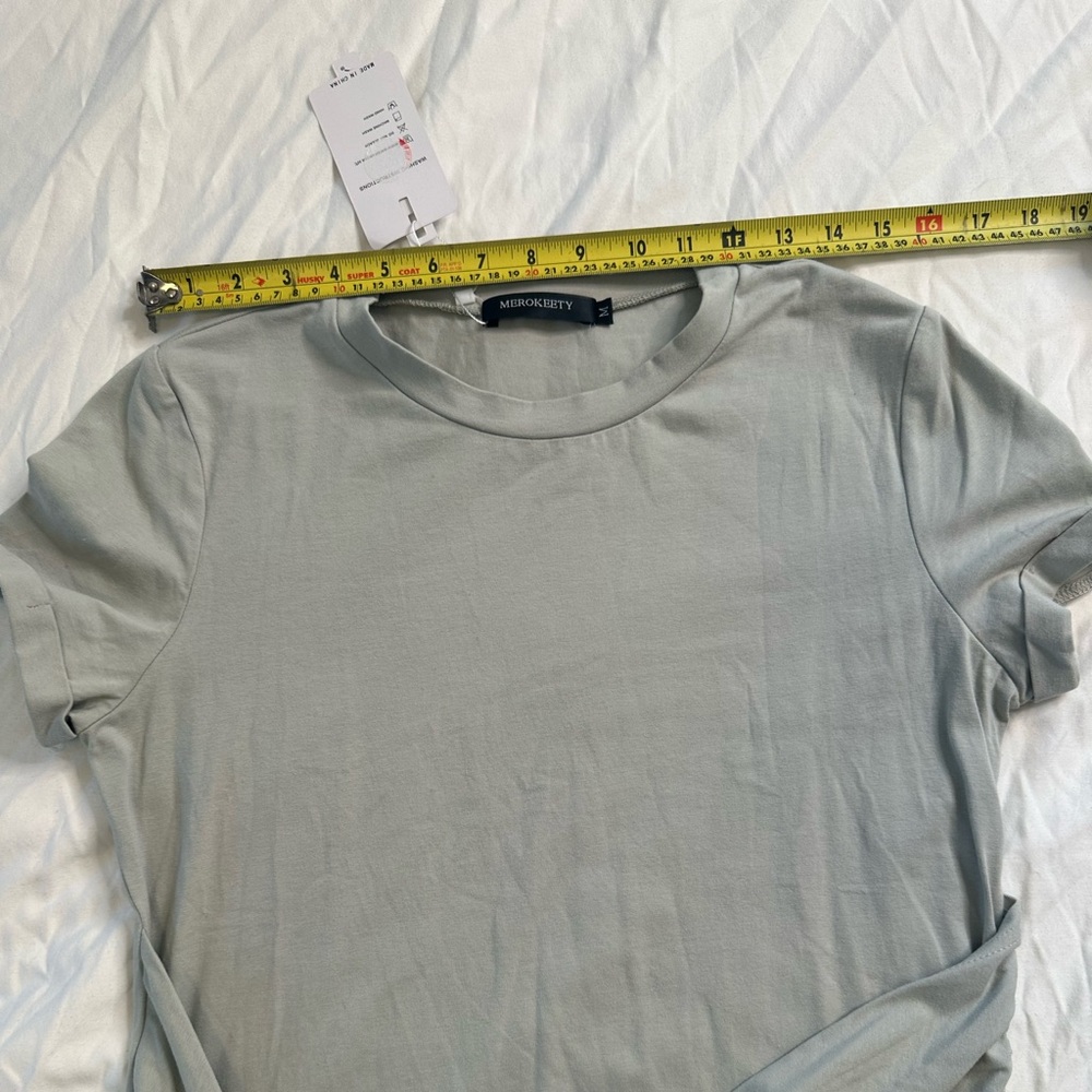 MEROKEETY Tie Waist T-Shirt Dress Light Sage Green M | Short Sleeve Casual Dress - Picture 9 of 11